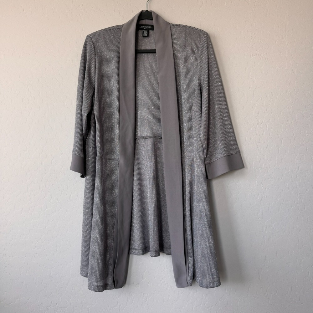 R&M Richards 16W Jacket Silver 3/4 Sleeve Metallic Ribbed Open Front Shawl
